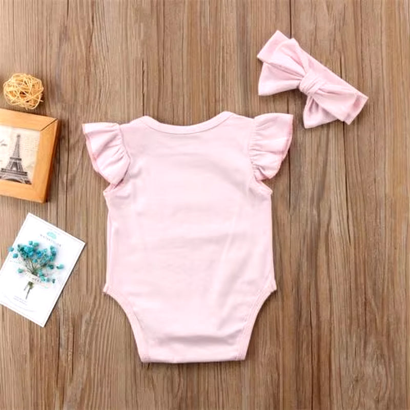 Newborn Clothes Baby Girls Letter Print O-Neck Bodysuit + Bow Headband Kids 2Pc Set Toddler Girl Cotton Sleeveless Ruffle Outfit